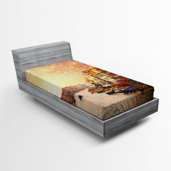 Scenery Fitted Sheet, Venezia City Italian Landscape with Old Houses Gondollas and Spikes Image, Soft Decorative Fabric Bedding, Twin XL Size, Multicolor, by Ambesonne