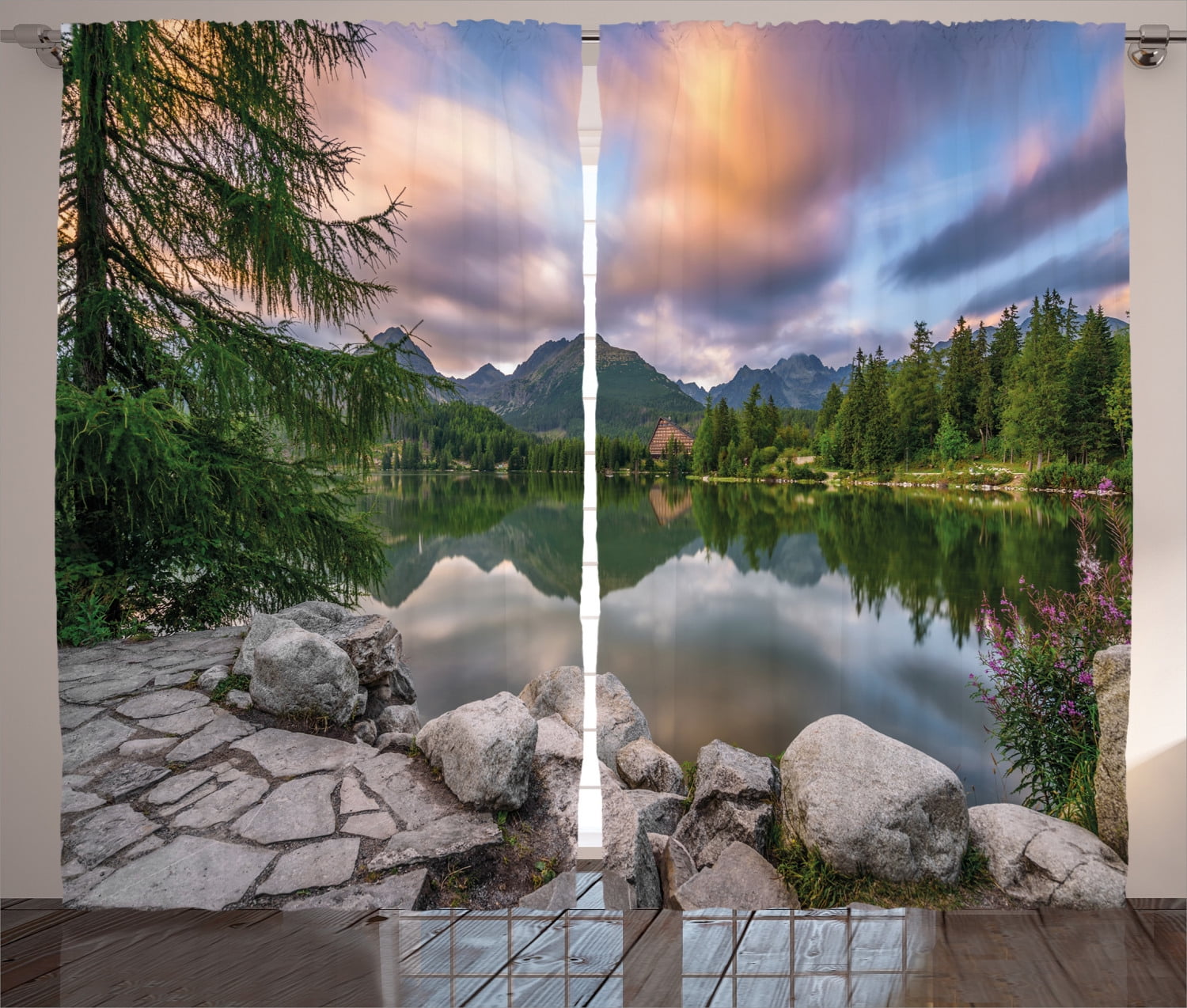 Nature Lake View Satin Polyester Curtain Panels, Set of 2