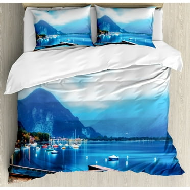 Scenery House Decor King Size Duvet Cover Set, Italian Village with Harbor and Sail Boats Magical Countryside Rural Photo, Decorative 3 Piece Bedding Set with 2 Pillow Shams, Blue, by Ambesonne