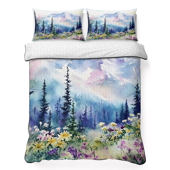 Scenery King Quilt Bedding Set, Mountain Nature Forest Lightweight Comforter with 2 Pillow Shams Bedroom Bedspread Set Home Decor for All Seasons