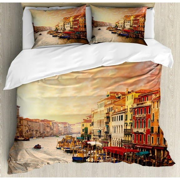 Scenery King Size Duvet Cover Set, Venezia City Italian Landscape with Old Ancient Houses Gondollas and Spikes Image, Decorative 3 Piece Bedding Set with 2 Pillow Shams, Multicolor, by Ambesonne
