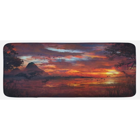 Scenery Kitchen Mat, First Age Seemed View with Safari Wild Animals Gazelles and Forest Image, Plush Decorative Kitchen Mat with Non Slip Backing, 47" X 19", Multicolor, by Ambesonne