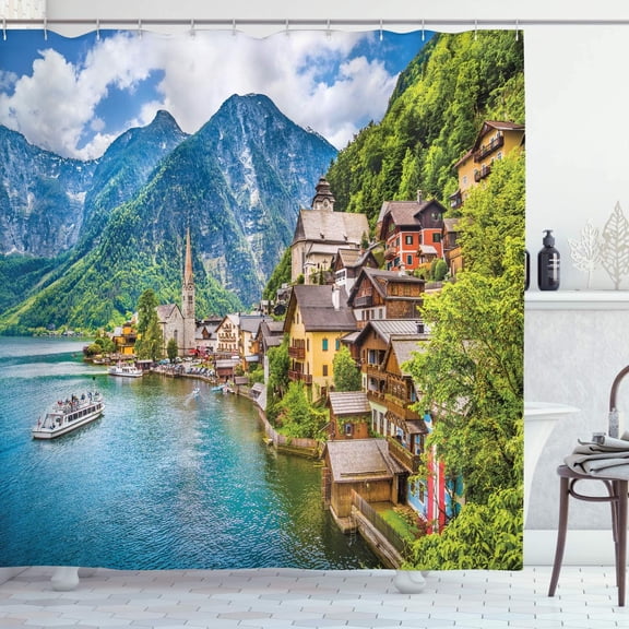 Scenery Shower Curtain, Hallstatt Mountain Village Lake Hallstatt in The Austrian Alps Countryside, Cloth Fabric Bathroom Decor Set with Hooks, 72" W x 72" L, Green and Blue