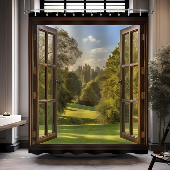 Scenery Shower Curtain Tree Forest Wild Scene Summer Nature Scenery Through Vintage Wooden Window View Shower Curtain Bathroom Home Decor with 12 Hooks 72x72 inches (B)