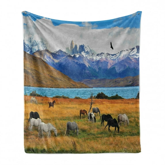 Scenery Soft Flannel Fleece Throw Blanket, Animal Farm with Horses in the Vast Combe with Mountains Desert Art Photograph, Cozy Plush for Indoor and Outdoor Use, 50" x 60", Multicolor, by Ambesonne