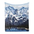 thumbnail image 1 of Scenery Soft Flannel Fleece Throw Blanket, Cartoon Like Mountain with Snow Landscape with Lake Reflection Art, Cozy Plush for Indoor and Outdoor Use, 60" x 80", Blue Grey Dark Blue, by Ambesonne, 1 of 5