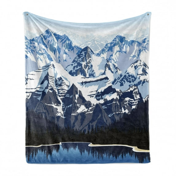 Scenery Soft Flannel Fleece Throw Blanket, Cartoon Like Mountain with Snow Landscape with Lake Reflection Art, Cozy Plush for Indoor and Outdoor Use, 70" x 90", Blue Grey Dark Blue, by Ambesonne