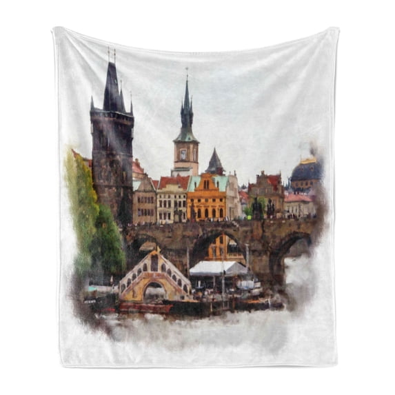 Scenery Soft Flannel Fleece Throw Blanket, European Country Landscape with Houses and River Watercolors Style Print, Cozy Plush for Indoor and Outdoor Use, 50" x 70", Multicolor, by Ambesonne