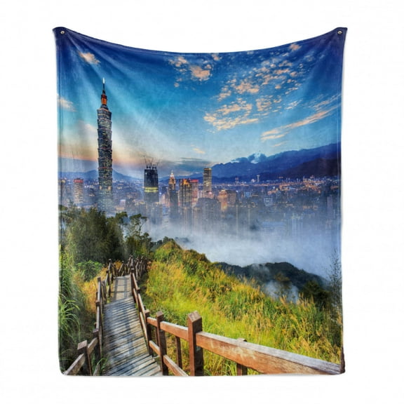 Scenery Soft Flannel Fleece Throw Blanket, Scenery of a Cityscape Cosmopolitan Life and Nature with Bridge Print, Cozy Plush for Indoor and Outdoor Use, 50" x 70", Multicolor, by Ambesonne