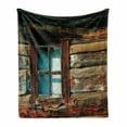 thumbnail image 1 of Scenery Soft Flannel Fleece Throw Blanket, Single Window White Drape on a Wooden Background Lumberjack House Photo, Cozy Plush for Indoor and Outdoor Use, 70" x 90", Brown and Blue, by Ambesonne, 1 of 6
