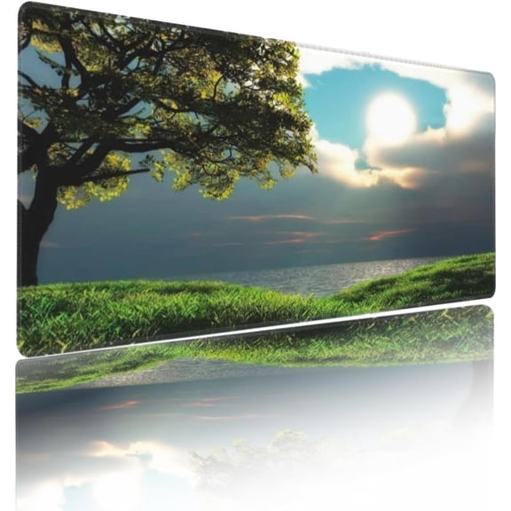 Scenery Stitched Edges Gaming Mouse Pad XXL Extended Sunlight and Tree Desk Pads Large Laptop Keyboard Mouse Mat Rectangular Green Non-Slip Rubber Mousepad(Size:35.4x15.7in)