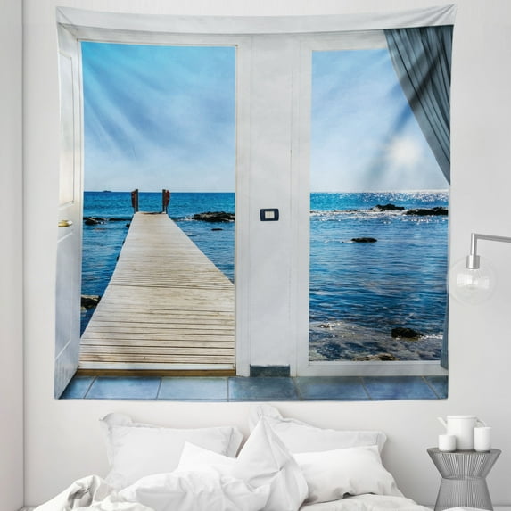 Scenery Tapestry, Coastal Theme with the Ocean Sea Sunny Day Scenery with Patio from Window, Fabric Wall Hanging Decor for Bedroom Living Room Dorm, 5 Sizes, Pale Blue and White, by Ambesonne