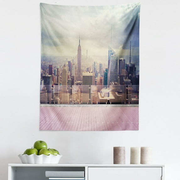 Scenery Tapestry, New York City Usa Landscape from Roof Apartment Balcony Photograph Image, Fabric Wall Hanging Decor for Bedroom Living Room Dorm, 5 Sizes, Grey White and Pink, by Ambesonne