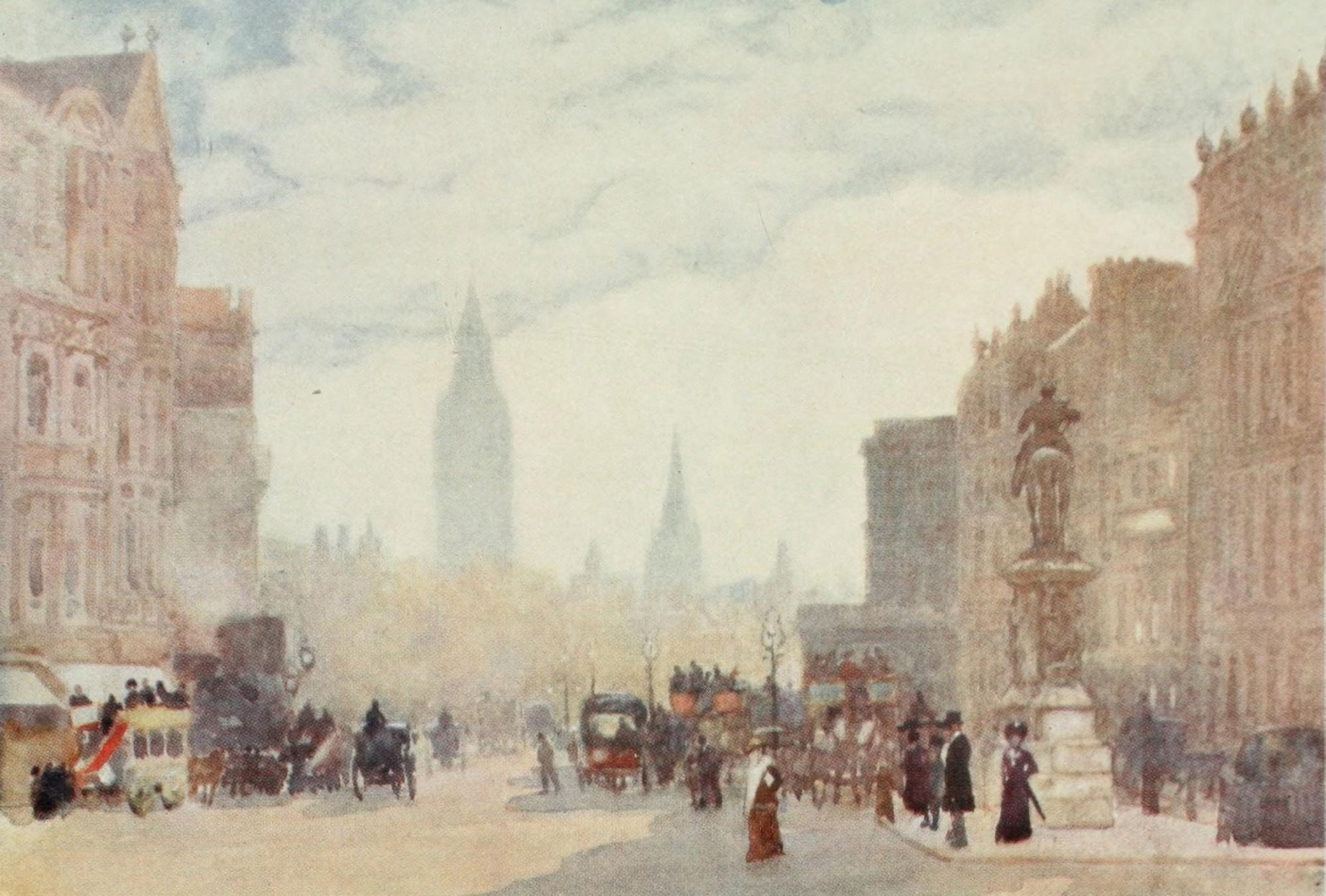 Scenery of London 1905 Charing Cross from Trafalgar Square Canvas Art - Herbert Marshall (18 x 24)