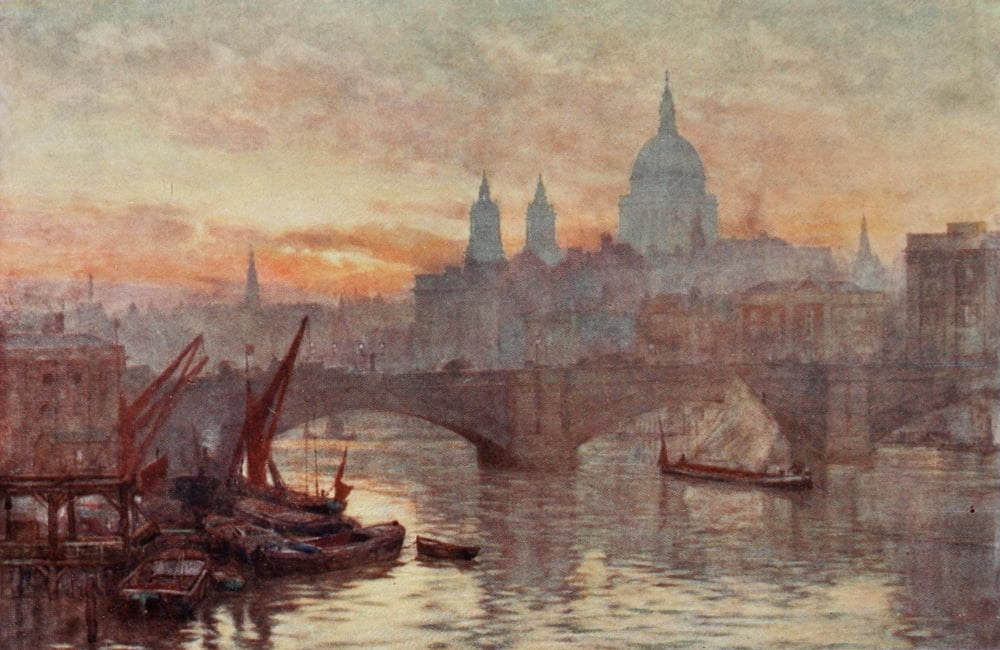 Scenery of London 1905 Southwark Bridge & St Pauls Canvas Art - Herbert Marshall (18 x 24)
