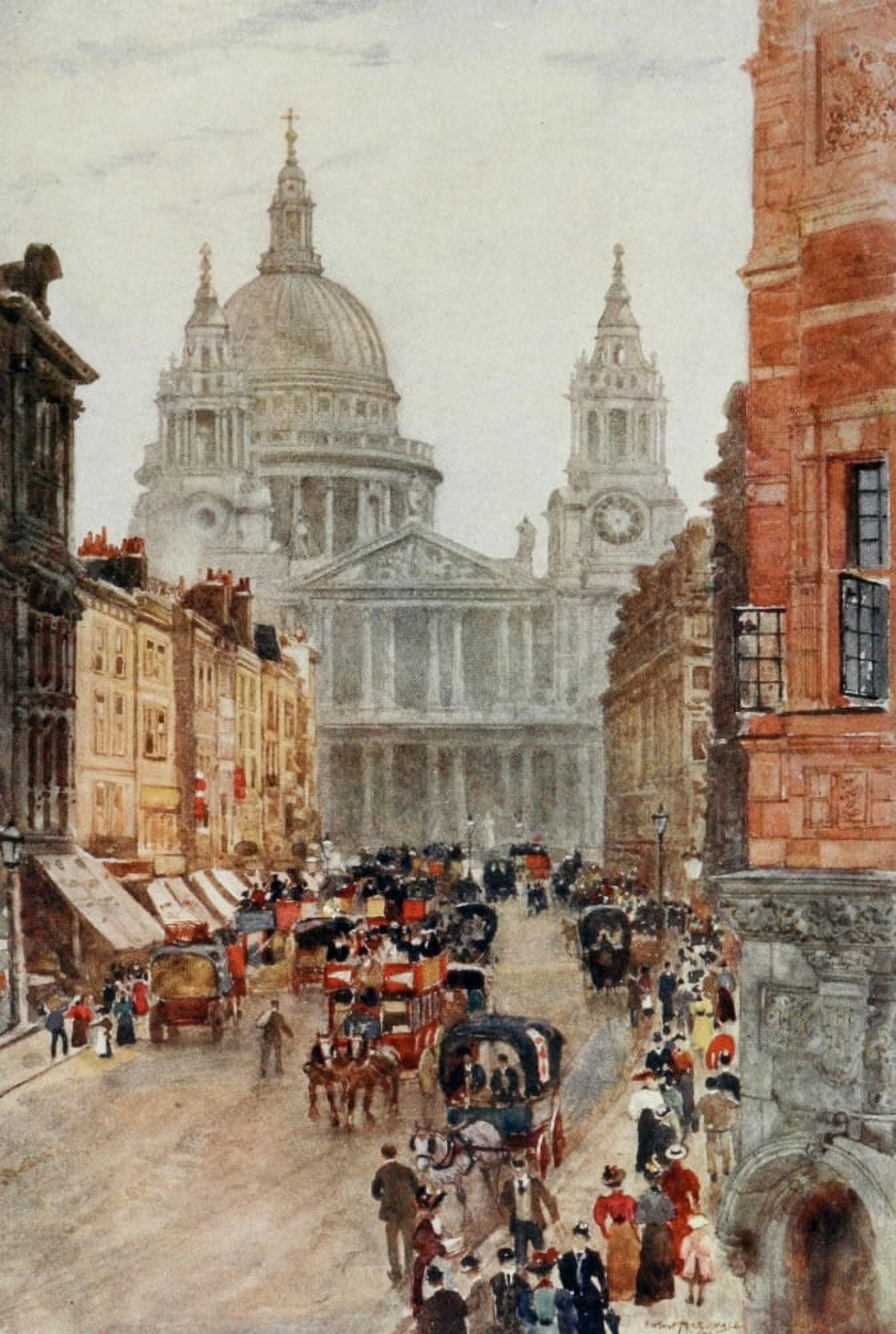 Scenery of London 1905 St Pauls & Ludge Hill Canvas Art - Herbert Marshall (18 x 24)