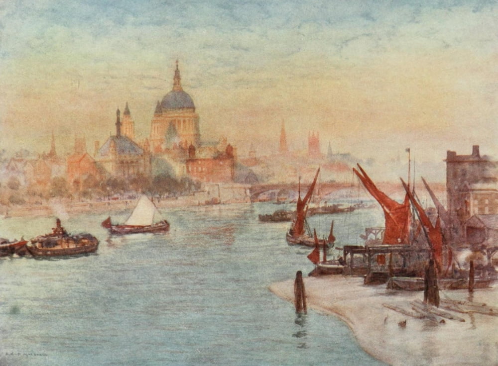 Scenery of London 1905 St Pauls & view from Waterloo Bridge Canvas Art - Herbert Marshall (18 x 24)