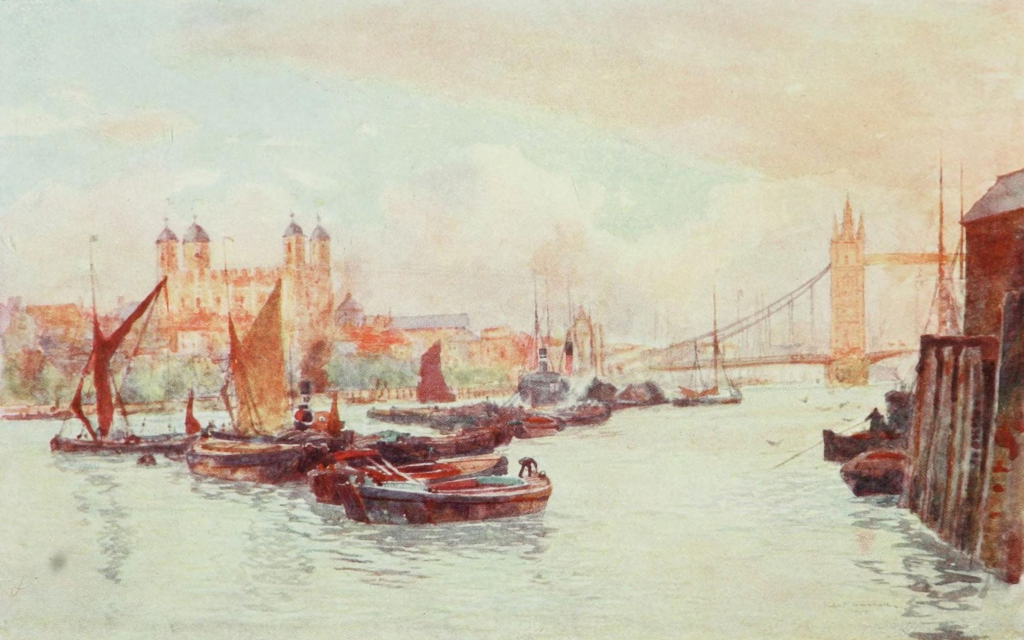 Scenery of London 1905 Tower of London & Tower Bridge Canvas Art - Herbert Marshall (18 x 24)
