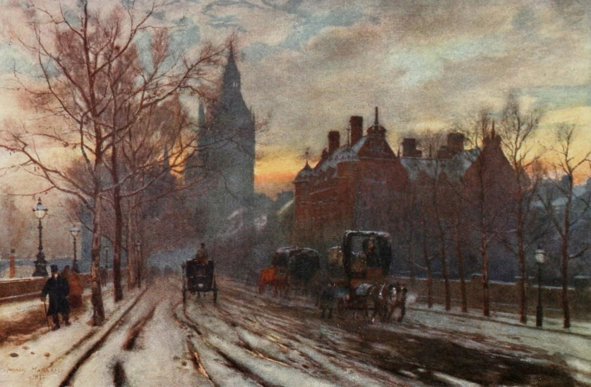 Scenery of London 1905 Westminster Embankment Canvas Art - Herbert Marshall (24 x 36)