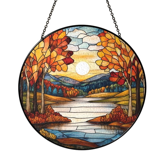 Scenic Autumn Lake Faux Stained Glass Window Decor2101