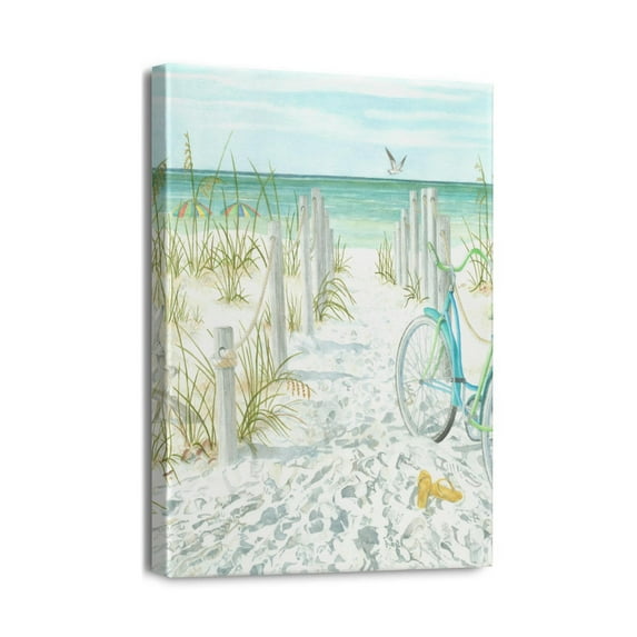 Scenic Beach & Bicycle Canvas Wall Art Calming Aqua Blue Seascape for Coastal Lake Home, Ideal for Bathroom or Bedroom Décor, 12x16 Inch