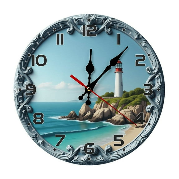 Scenic Beach Lighthouse Wall Clock 10 Inch Silent Non Ticking Round Clock Decoration for Living Room Kitchen Bedroom Bathroom Office Classroom