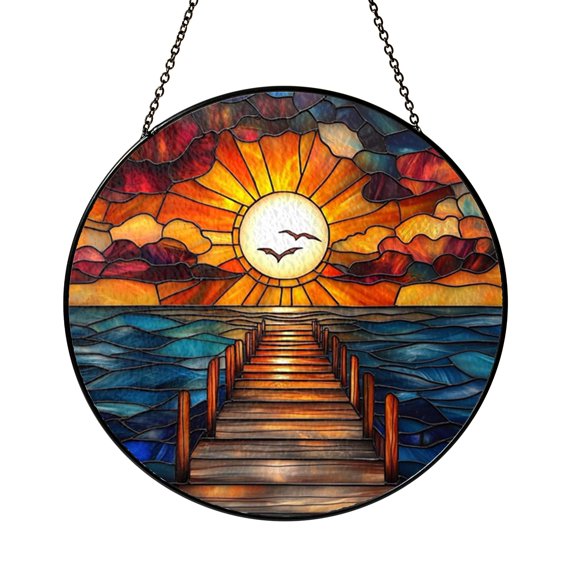 Scenic Beach Sunset Stained Glass – Ocean View Window Hanging Artwork2401
