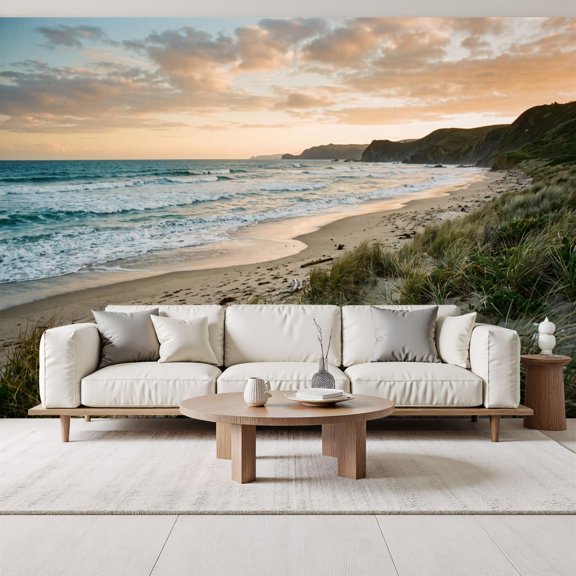 Scenic Beach Sunset Wallpaper Shells Gentle Waves golden hour Peel and Stick Wall Murals 69"H x 96"W Removable PVC Wall Paper Self-Adhesive Wall Decor for Bedroom Living Room