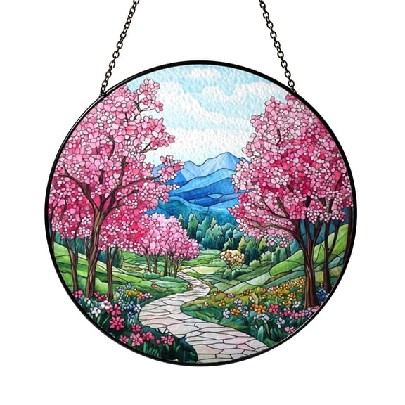 Scenic Blossom Path Illustration Stained Glass Style Window Panel