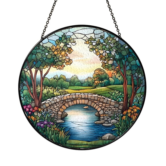 Scenic Bridge Decorative Window Hanging – Stained Glass Style