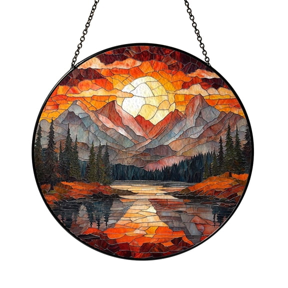 Scenic Cabin Mountain View Stained Glass Style Window Hanging2401