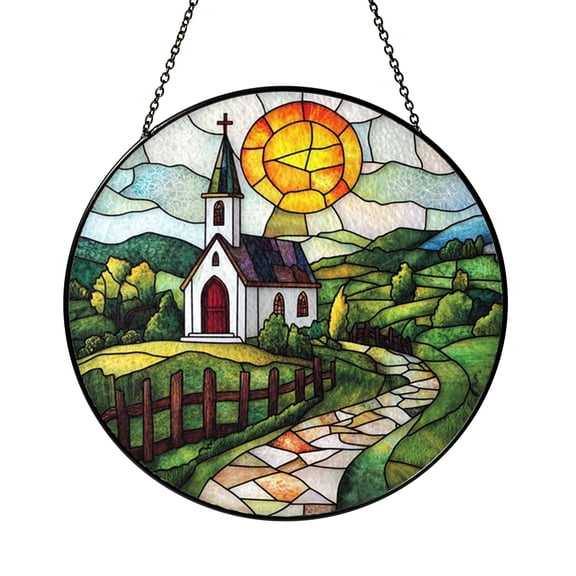 Scenic Country Building Faux Stained Glass Window Decor2001