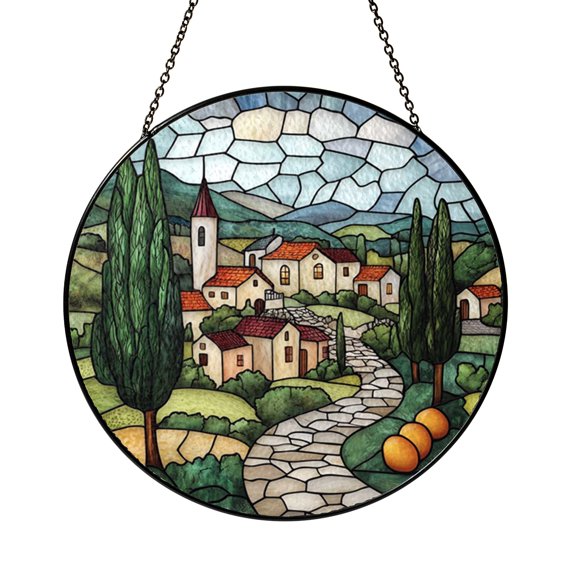 Scenic Countryside Village Stained Glass Window Panel Featuring Stone Path and Rural Charm, Warm Rustic Home Decor