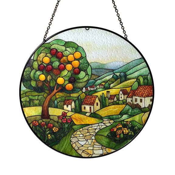 Scenic Countryside Village Stained Glass Window Panel, Rustic Nature Inspired Home Decoration