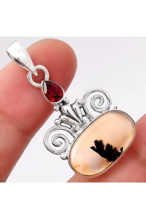 Scenic Dendritic Agate and Garnet 925 Sterling Silver Pendant Jewelry P-1710 SDP154307