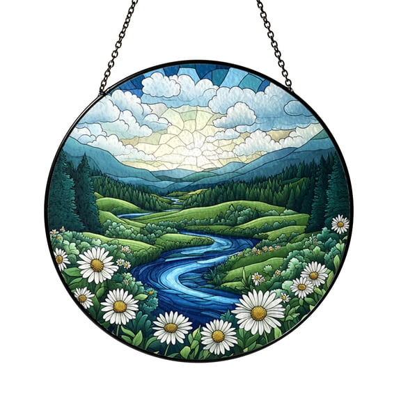 Scenic Forest Stream Landscape Stained Glass Style Window Hanging