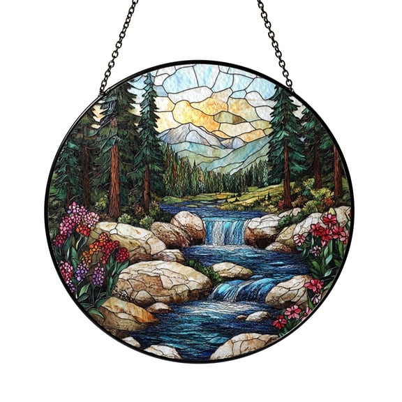 Scenic Forest Stream Sun Catcher Glass Round Window Hanging Decoration