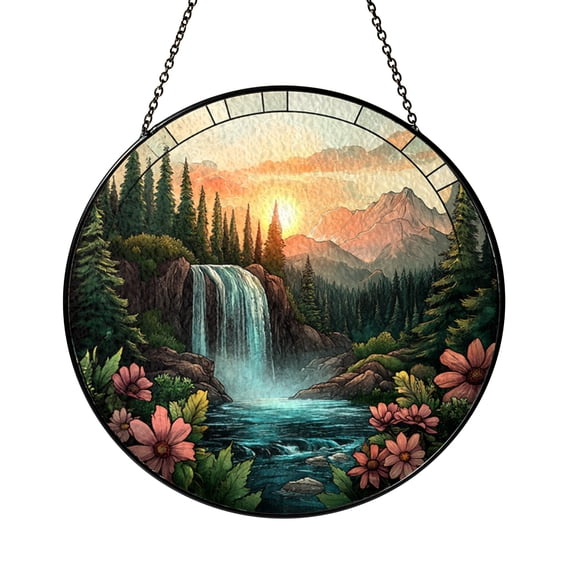 Scenic Forest Waterfall Stained Glass Suncatcher, Landscape Window ...