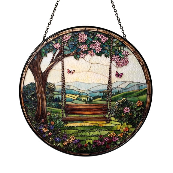 Scenic Garden Swing Stained Glass Style Window Hanging Suncatcher