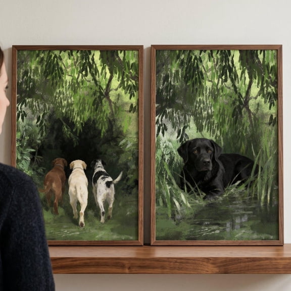 Scenic Greenery Labrador Wall Art Set Of 2 Black Lab and Multi Breed Dog Prints Nature Inspired Pet Decor Willow Tree Landscape Art Set 2