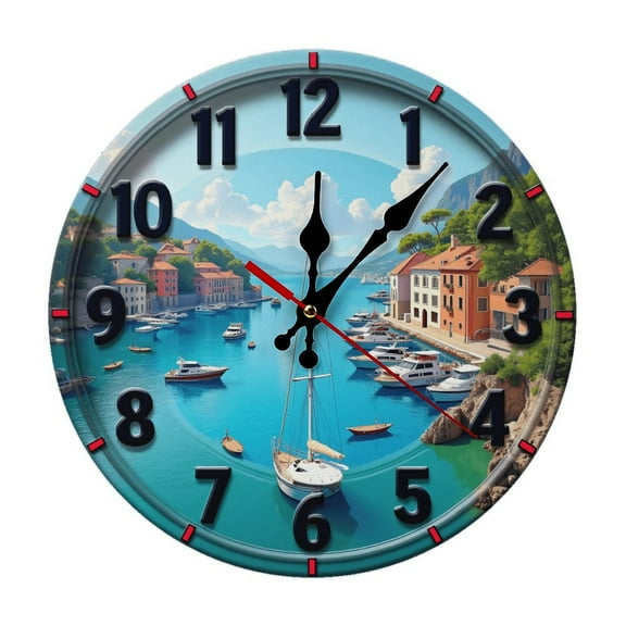 Scenic Harbor Sailing Wall Clock 10 Inch Silent Non Ticking Round Clock Decoration for Living Room Kitchen Bedroom Bathroom Office Classroom