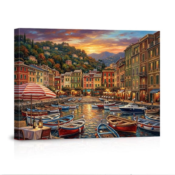 Scenic Italian Harbor Village Boats Sunset Coastal Town Landscape USA Made Canvas