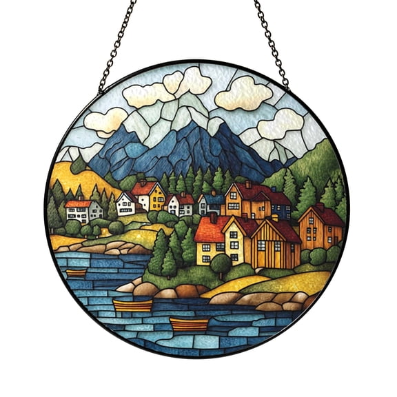 Scenic Lake Village Stained Glass Style Window Suncatcher1701