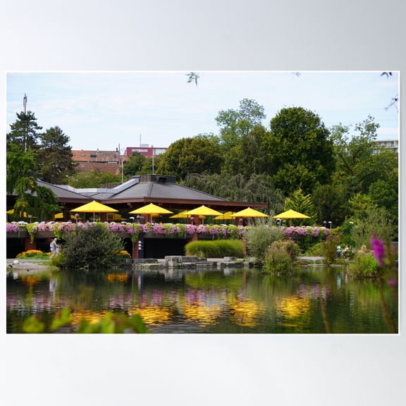 Scenic Lakeside Café With Vibrant Reflections Poster Wall Art, Modern Wall Decor For Living Room Bedroom, 8x12 UNFRAMED