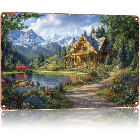 Scenic Log Cabin Lake View Metal Wall Sign, Landscape Tin Painting Poster for Home Decor, 8 x 12 Inch