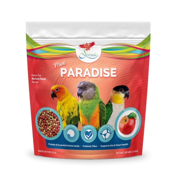 Scenic Mix Paradise Medium Parrot Food, 3.5 lb Bag – 1/4-inch Parrot Pellets for Sun, Jenday & Nanday Conures, Indian Ringneck, Pionus, Senegal & Caique Parrots – Complete & Balanced Nutrition