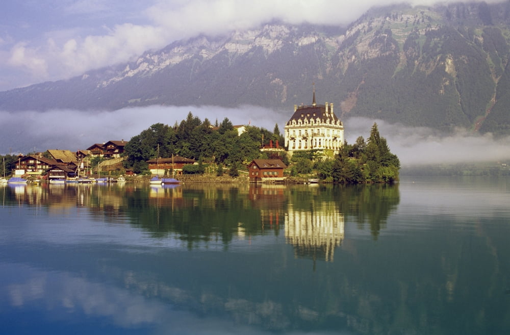 Scenic Mountain Lake And Town Canvas Art - Bilderbuch Design Pics (36 x 22)