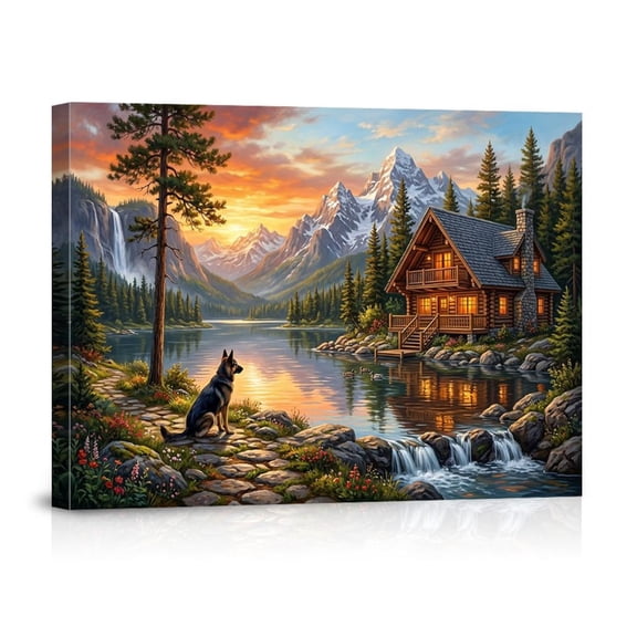 Scenic Mountain Lake Landscape Art Wall Art Log Cabin German Shepherd Dog Waterfall Forest Sunset Home Decor Living Room Bedroom, Unframed Paper Print