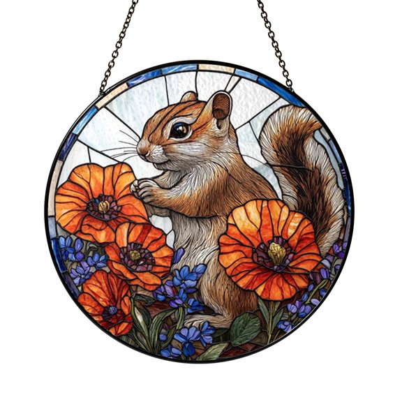Scenic Mountain Meadow Cute Chipmunk Suncatcher Window Hanging Decor
