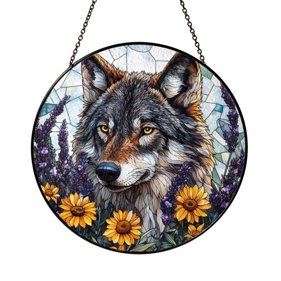 Scenic Mountain Meadow Timber Wolf Suncatcher Window Hanging Glass
